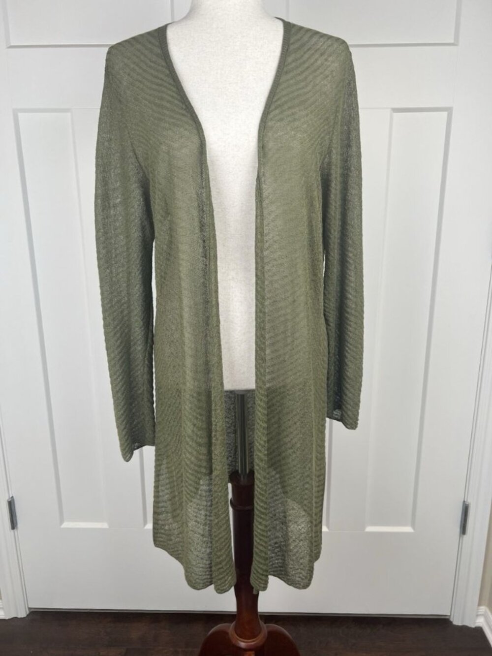 Eileen Fisher Hemp Blend Open Knit Longline Cardigan M Olive Green Duster